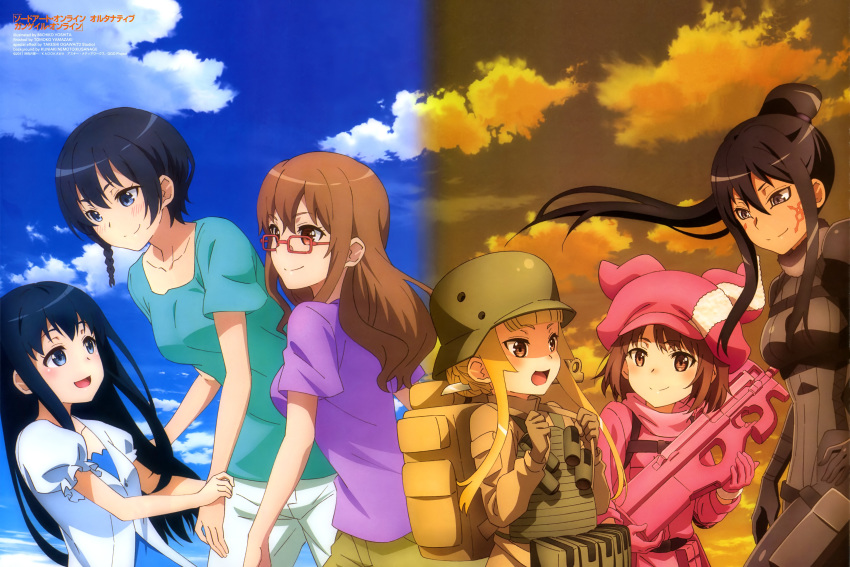 6+girls :d absurdres backpack bag black_bodysuit black_hair blonde_hair blue_shirt blue_sky blush bodysuit braid breasts brown_eyes brown_gloves brown_hair bullpup cloud collarbone dark-skinned_female dark_skin day dual_persona facial_mark floating_hair fukaziroh_(sao) glasses gloves green_pants gun hat helmet high_ponytail highres holding holding_gun holding_weapon kanzaki_elsa knife_in_hair kohiruimaki_karen llenn_(sao) long_hair looking_at_another magazine_scan medium_breasts multiple_girls nemoto_kuniaki newtype official_art ogawa_takeshi open_mouth p-chan_(p90) p90 pants pink_gloves pink_hat pink_weapon pitohui_(sao) purple_shirt rectangular_eyewear red-framed_eyewear rifle scan shinohara_miyu_(sao) shirt short_sleeves side_braid sidelocks single_braid sky smile submachine_gun sword_art_online sword_art_online_alternative:_gun_gale_online tall_female tattoo trench_knife weapon white_pants white_shirt yamazaki_tomoko yoshita_michiko