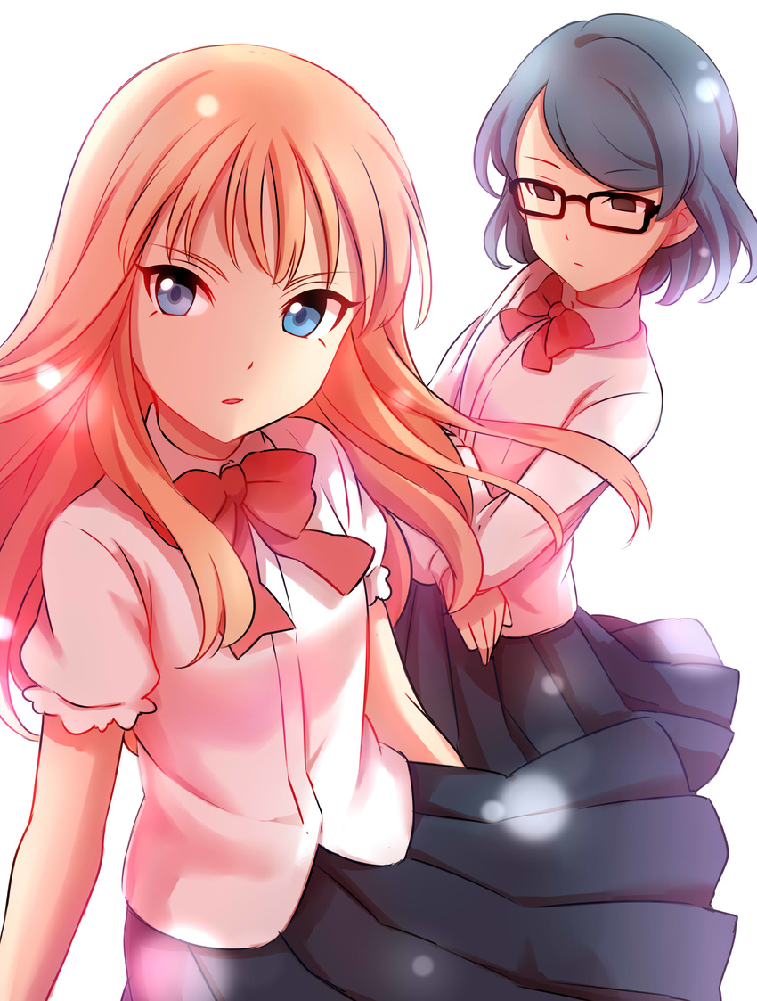 2girls absurdres bad_id bad_pixiv_id blue_eyes bow commentary_request empty_eyes glasses highres inazuma_eleven inazuma_eleven_(series) inazuma_eleven_ares_no_tenbin long_hair mikado_anna multiple_girls otonashi_haruna parted_lips pink_hair school_uniform sekina short_hair skirt