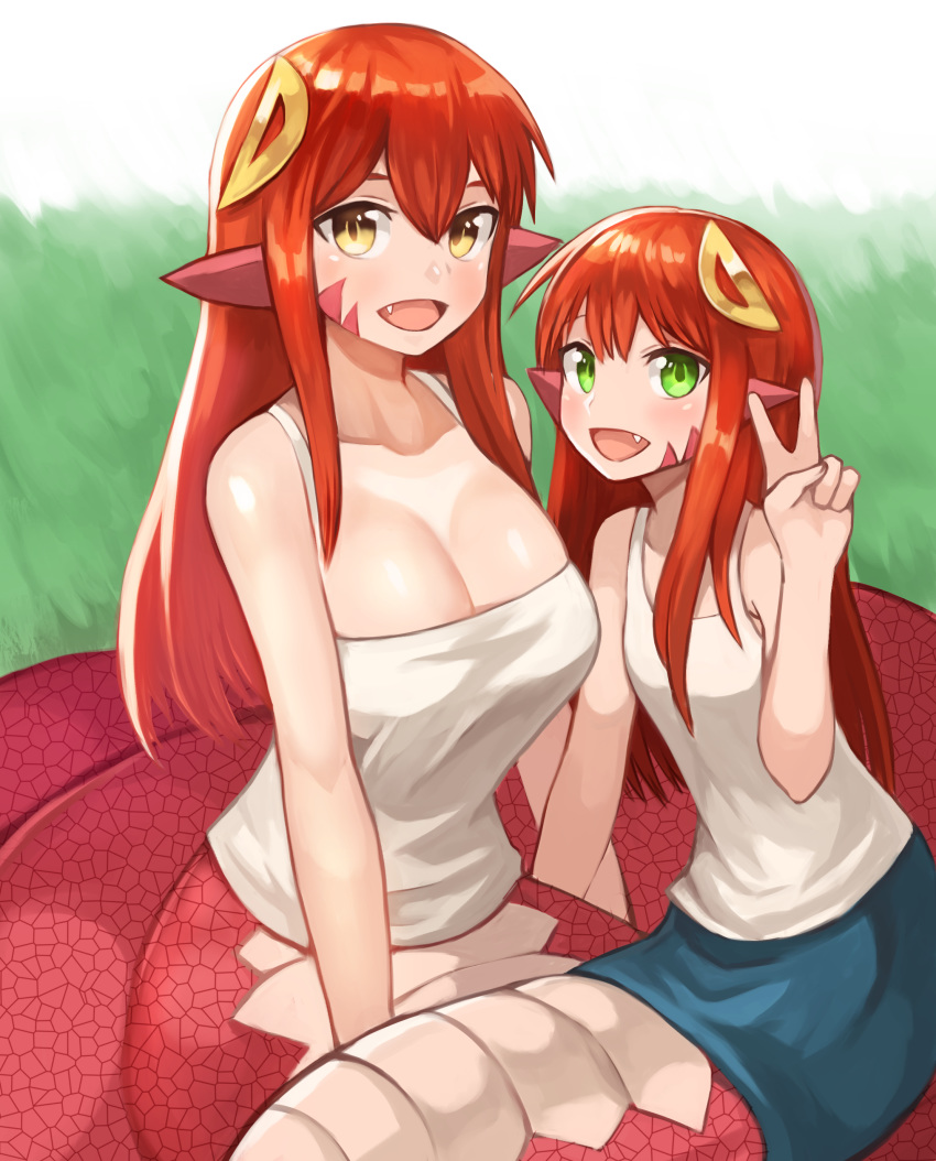 2girls :d absurdres bare_arms bare_shoulders breasts coiled commentary commission green_eyes hair_between_eyes hair_ornament hairclip happy highres lamia large_breasts long_hair looking_at_viewer miia_(monster_musume) mika_(miiafag) monster_girl monster_musume_no_iru_nichijou mother_and_daughter multiple_girls oerba_yun_fang open_mouth original pointy_ears red_hair scales shirt sleeveless sleeveless_shirt slit_pupils smile sookmo tail tank_top v white_shirt white_tank_top yellow_eyes