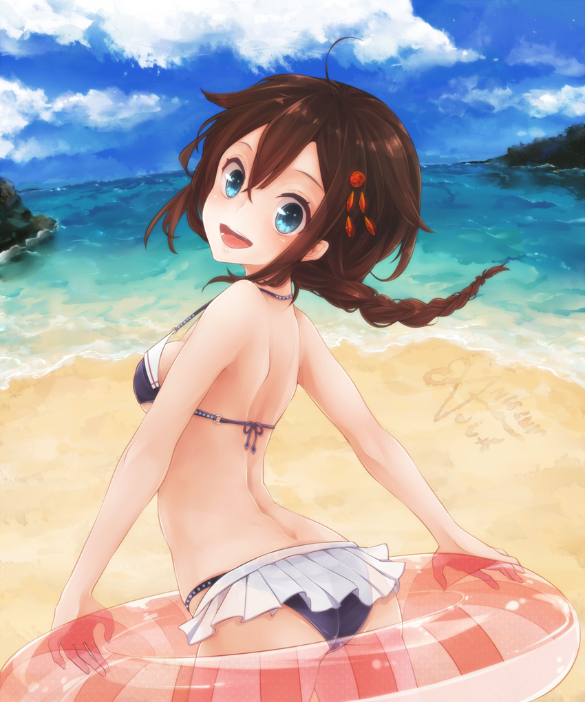 :d ahoge ai_ai_gasa ass bad_id bad_link bad_nicoseiga_id beach bikini bikini_skirt black_bikini blue_eyes braid breasts brown_hair cloud cointreau cowboy_shot day female from_behind hair_between_eyes hair_flaps hair_ornament hairpin highres holding horizon innertube kantai_collection long_hair looking_at_viewer looking_back medium_breasts ocean open_mouth outdoors sailor_bikini sailor_collar sand_writing see-through shigure_(kancolle) shigure_kai_ni_(kancolle) sideboob single_braid sky smile solo swim_ring swimsuit teeth water