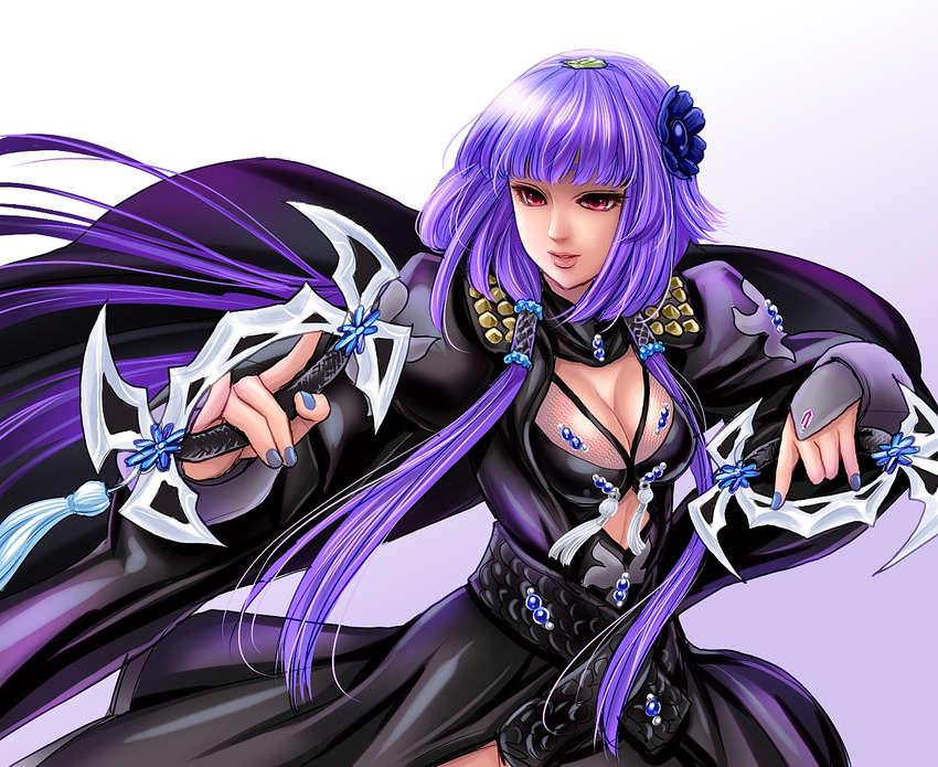 \m/ black_dress blue_nails breasts cape cleavage commentary_request dress female flower hair_flower hair_ornament large_breasts lie_mei_(thunderbolt_fantasy) long_hair looking_at_viewer nail_polish parted_lips pink_eyes purple_hair sca_jam solo standing thunderbolt_fantasy twintails weapon