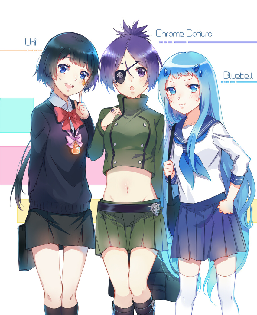 blue_eyes blue_hair bluebell blush chrome_dokuro commentary_request crop_top ekita_kuro eyepatch highres jewelry katekyo_hitman_reborn! multiple_girls navel open_mouth purple_eyes purple_hair short_hair uni_(reborn)