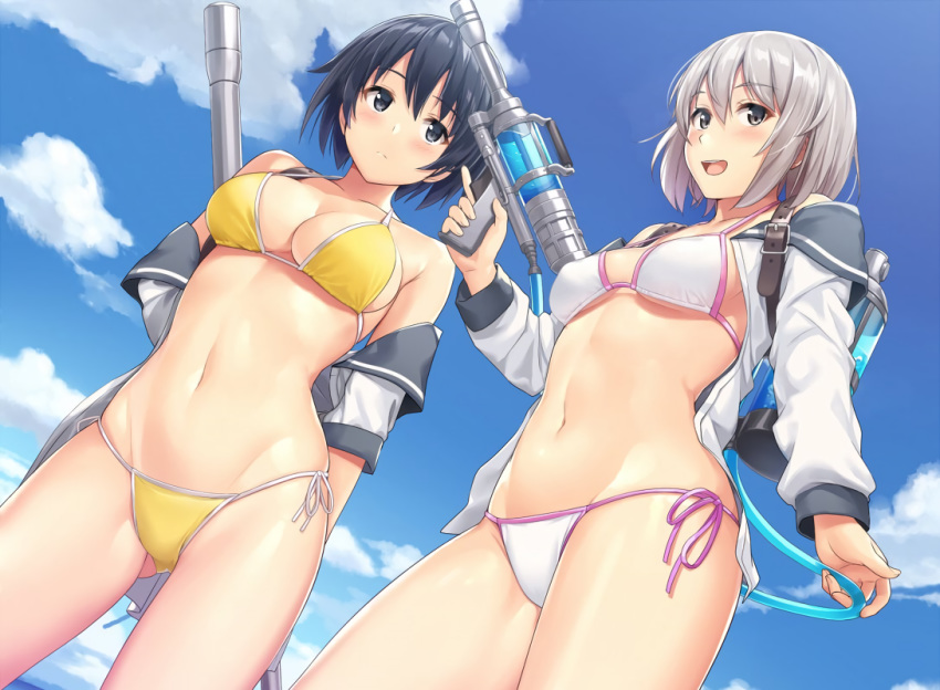 2girls bikini black_eyes black_hair blush breasts cleavage clouds cropped gogo_shichi-ji gray_eyes gray_hair gun navel original seifuku short_hair sky swimsuit weapon