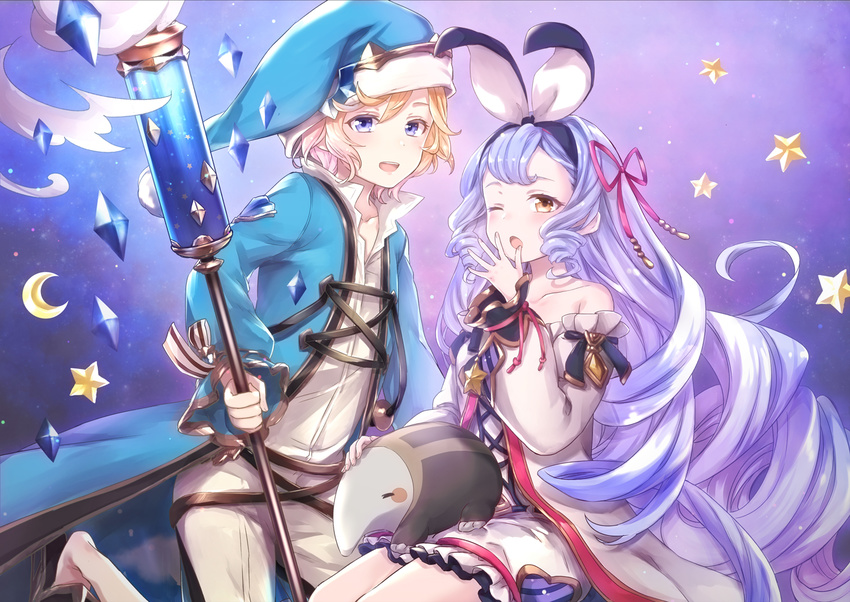 1boy akariko bare_shoulders blonde_hair brother_and_sister commentary_request drill_hair female granblue_fantasy hair_ribbon hat long_hair morphe_(granblue_fantasy) one_eye_closed open_mouth phoebe_(granblue_fantasy) purple_hair ribbon siblings very_long_hair yawning