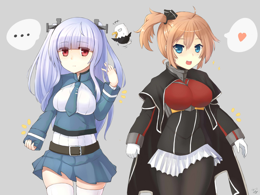 ... 2girls bell_mccamp_(warship_girls_r) belt bird black_legwear blue_eyes blush bogue_(warship_girls_r) bogue_(warship_girls_r)_(cosplay) breasts brown_hair closed_mouth commentary_request cosplay costume_switch eagle essex_(warship_girls_r) essex_(warship_girls_r)_(cosplay) gloves grey_hair heart highres large_breasts long_hair looking_at_viewer multiple_girls pantyhose parted_lips red_eyes short_hair shou_jian_yu smile speech_bubble spoken_ellipsis spoken_heart thighhighs warship_girls_r white_gloves white_legwear