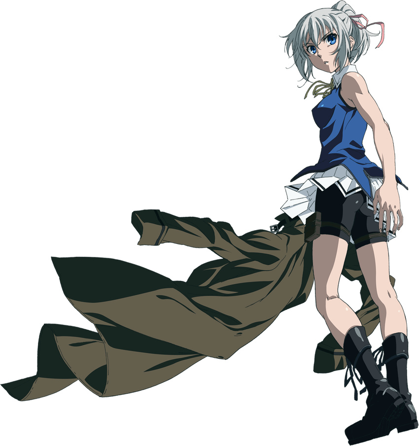 bare_arms blue_eyes blue_shirt bluesy_fluesy boots breasts coat female full_body grey_hair hair_ribbon highres legs looking_back medium_breasts miniskirt official_art pleated_skirt ponytail ribbon shirt short_hair shorts skirt sleeveless solo taboo_tattoo transparent_background