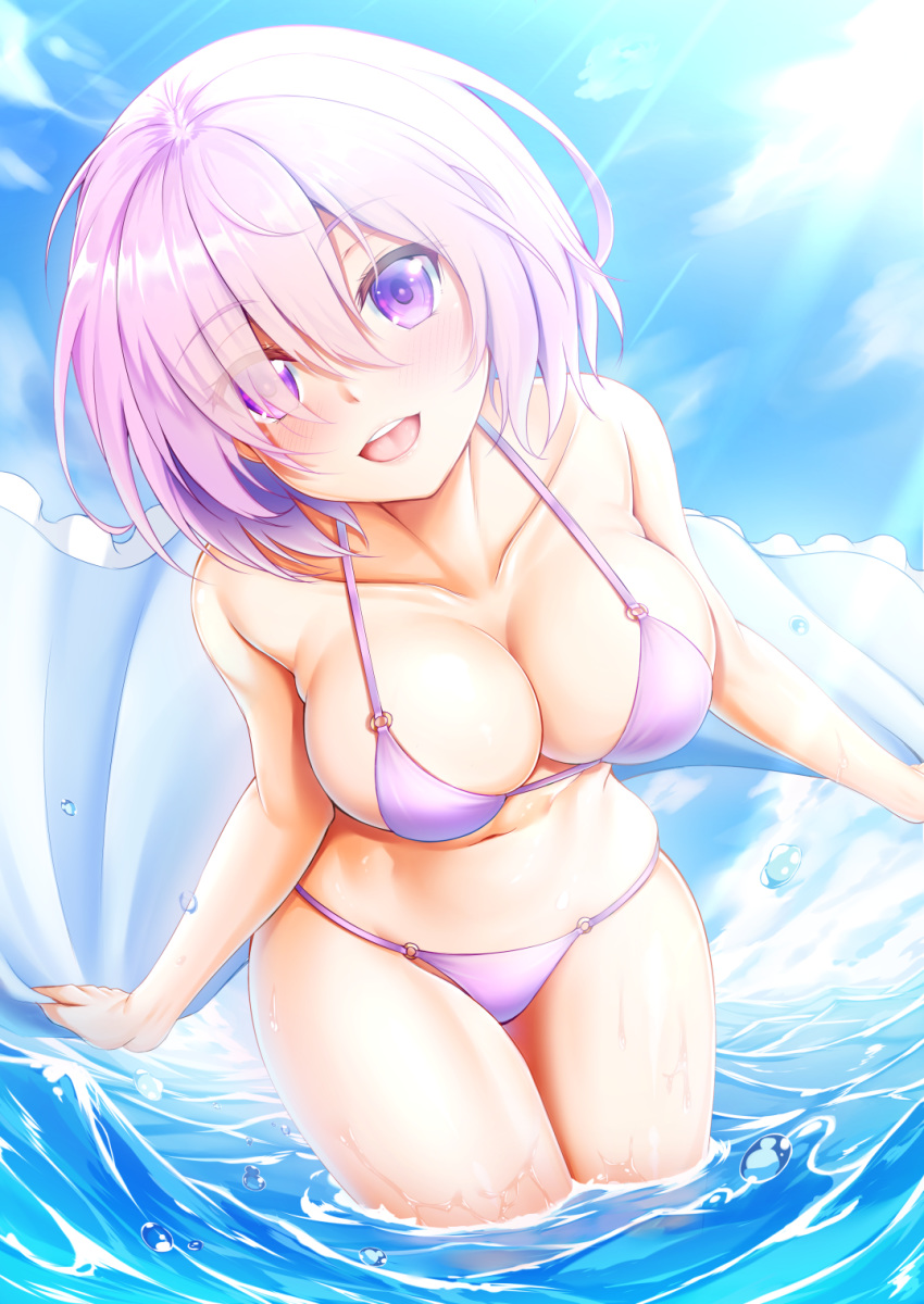 :d alternate_costume bare_arms bare_shoulders bikini blue_sky blush breasts cleavage cloud collarbone commentary_request day dutch_angle eyes_visible_through_hair fate/grand_order fate_(series) female hair_over_one_eye highres holding large_breasts leaning_forward looking_at_viewer mash_kyrielight navel o-ring o-ring_bikini o-ring_bottom o-ring_top ocean open_mouth outdoors partial_commentary pink_hair purple_bikini purple_eyes round_teeth short_hair sky smile solo sunlight swimsuit teeth upper_teeth_only wading water water_drop wet yuunagi_(0217)