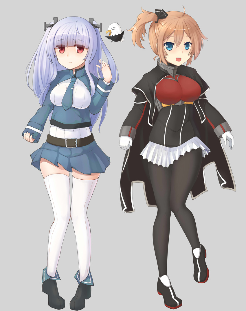 ... 2girls absurdres bell_mccamp_(warship_girls_r) belt bird black_legwear blue_eyes blush bogue_(warship_girls_r) bogue_(warship_girls_r)_(cosplay) breasts brown_hair closed_mouth commentary_request cosplay costume_switch eagle essex_(warship_girls_r) essex_(warship_girls_r)_(cosplay) gloves grey_hair heart high_heels highres large_breasts long_hair looking_at_viewer multiple_girls pantyhose parted_lips red_eyes short_hair shou_jian_yu smile speech_bubble spoken_ellipsis spoken_heart thighhighs warship_girls_r white_gloves white_legwear