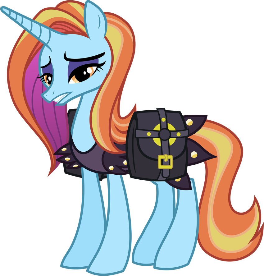 2015 90sigma absurd_res alpha_channel amber_eyes bag blue_body blue_fur clothing equid equine female feral friendship_is_magic fur hair hasbro hi_res horn looking_at_viewer mammal multicolored_hair my_little_pony mythological_creature mythological_equine mythology sassy_saddles_(mlp) simple_background solo transparent_background two_tone_hair unicorn