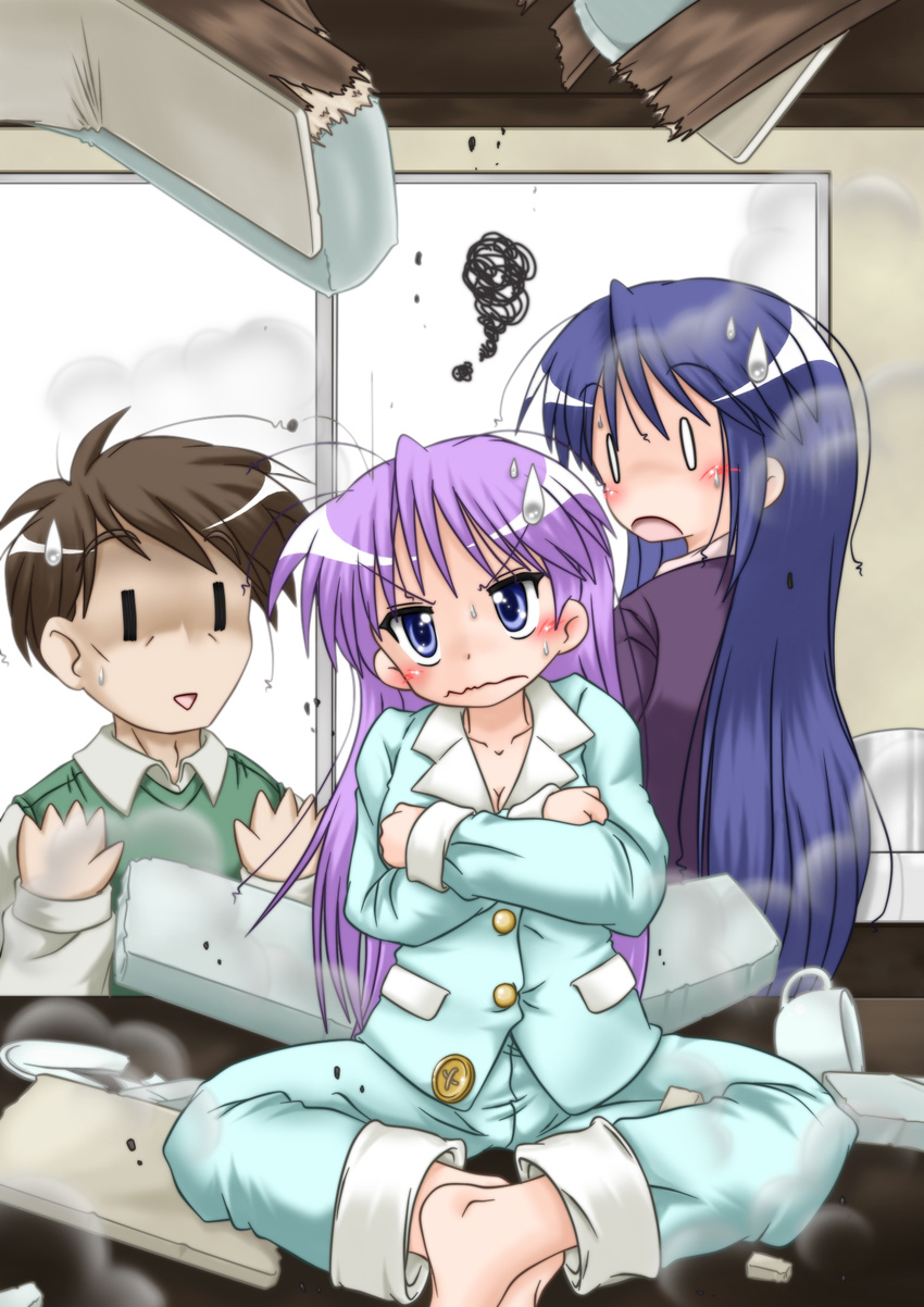 1boy 2girls annoyed blue_eyes blue_hair buttons commentary_request destruction gaketsu highres hiiragi_kagami hiiragi_miki hiiragi_tadao long_hair lucky_star multiple_girls pajamas purple_hair surprised