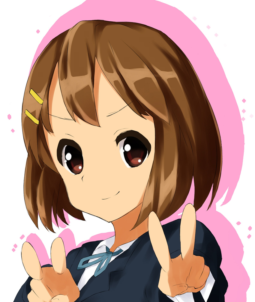 bad_id bad_pixiv_id brown_eyes brown_hair female foreshortening haguruma highres hirasawa_yui k-on! sakuragaoka_high_school_uniform school_uniform short_hair solo v