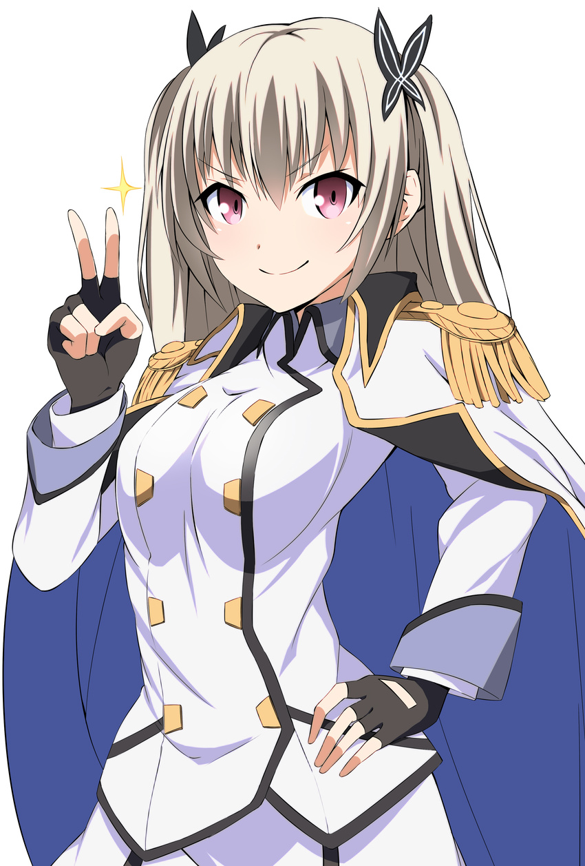 >:) absurdres black_gloves commentary_request epaulettes female fingerless_gloves gloves grey_hair hair_between_eyes hair_ornament hal-bard hand_on_own_hip highres long_hair looking_at_viewer military military_uniform qualidea_code red_eyes simple_background smile solo standing tenkawa_maihime uniform v v-shaped_eyebrows white_background