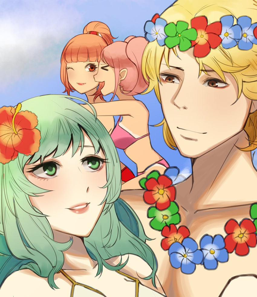 1boy 3girls bad_id bad_twitter_id beach bikini blonde_hair camus_(fire_emblem) celica_(fire_emblem) closed_eyes day fire_emblem fire_emblem_echoes:_shadows_of_valentia fire_emblem_gaiden fire_emblem_heroes flower flower_necklace green_hair hair_flower hair_ornament hibiscus highres kyou_(ningiou) lei mae_(fire_emblem) multiple_girls one_eye_closed outdoors pink_hair red_hair smile swimsuit tatiana_(fire_emblem)