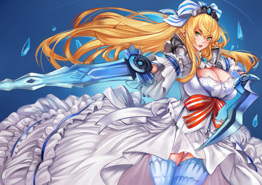 absurdres blonde_hair blue_ribbon blue_thighhighs breasts cendrillion_(wonderland_wars) cleavage commentary_request dress dual_wielding female green_eyes hair_ribbon highres holding huge_breasts long_hair looking_at_viewer open_mouth ribbon solo striped striped_ribbon sword tahnya thighhighs weapon white_dress white_ribbon wonderland_wars