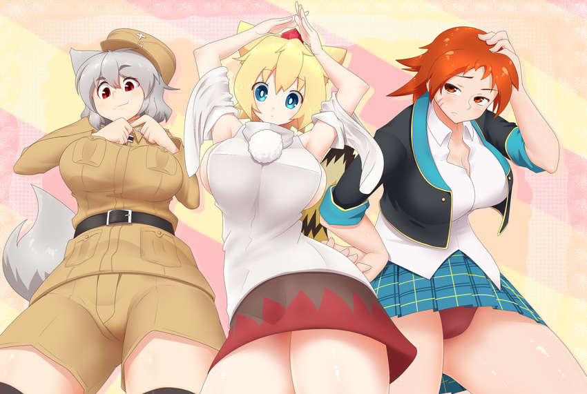 3girls :3 adjusting_clothes animal_ears arms_up belt blonde_hair blue_eyes blush breasts cleavage commentary cosplay costume_switch cross crossover detached_sleeves fey_(moe_moe_niji_taisen_ryaku) fey_(moe_moe_niji_taisen_ryaku)_(cosplay) frown gj-bu grey_hair hat highres inubashiri_momiji inubashiri_momiji_(cosplay) iron_cross kirara_bernstein kirara_bernstein_(cosplay) large_breasts military miniskirt moe_moe_niji_taisen_ryaku multiple_girls orange_eyes orange_hair pointy_hair pom_pom_(clothes) raised_eyebrow red_eyes short_hair shorts sideboob skirt smile tail thick_eyebrows thighs tiger_tail tochinoko tokin_hat touhou unbuttoned unbuttoned_shirt vest wolf_ears wolf_tail