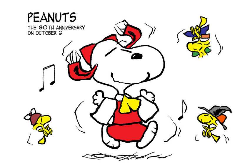 beagle bird chamupei charles_schulz_(style) commentary_request cosplay dancing english_text hakurei_reimu hakurei_reimu_(cosplay) kirisame_marisa kirisame_marisa_(cosplay) musical_note mystia_lorelei mystia_lorelei_(cosplay) no_humans peanuts_(comic) reiuji_utsuho reiuji_utsuho_(cosplay) snoopy touhou white_background woodstock