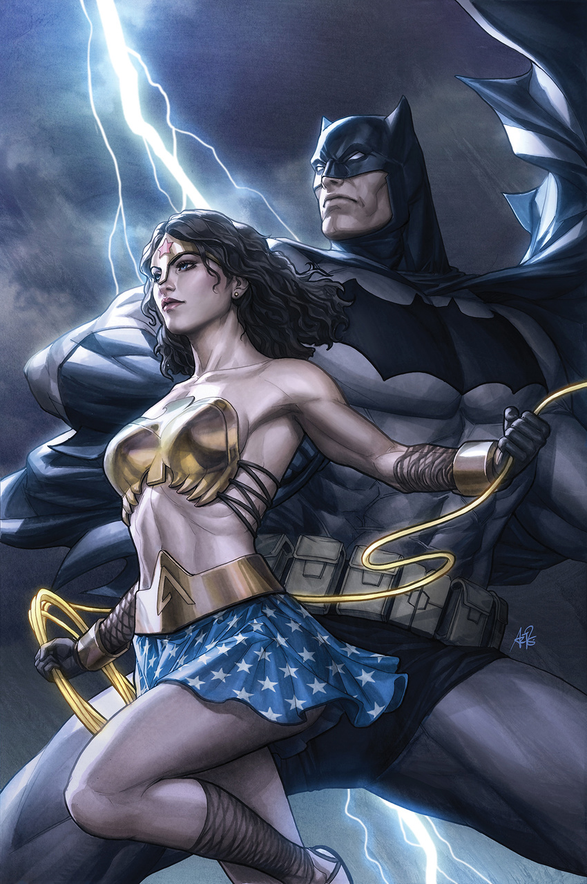 1boy abs armor armpits batman batman_(cosplay) batman_(series) bikini_armor black_hair cape cloud cloudy_sky collarbone dc_comics female lasso lightning mask midriff muscle skirt sky stanley_lau star_print tiara toned utility_belt wonder_woman wonder_woman_(cosplay)