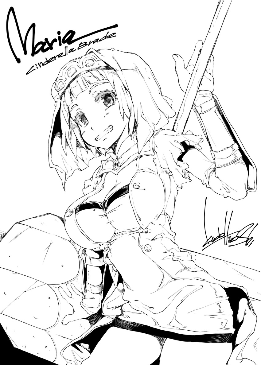 absurdres breasts cinderella_blade cleavage commentary_request dress female greyscale highres kudou_hiroshi large_breasts looking_at_viewer monochrome short_dress short_hair short_sleeves solo veil