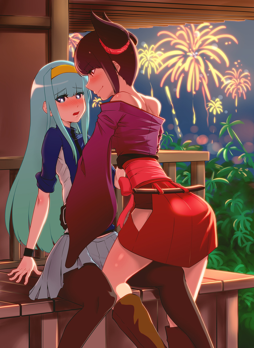 2girls aqua_hair bare_shoulders black_hair black_legwear blue_eyes boots breasts commentary_request cowgirl_position fireworks flat_chest gloves highres hip_vent jacket japanese_clothes kazama_kotaro_(yatagarasu) kimono knee_boots leg_between_thighs miniskirt multiple_girls obi off_shoulder pantyhose photoshop_(medium) pleated_skirt red_eyes sash shimo_(yatagarasu) short_kimono short_twintails sitting skirt sleeves_rolled_up small_breasts thigh_straddling track_jacket twintails urujika yatagarasu_(game) yuri