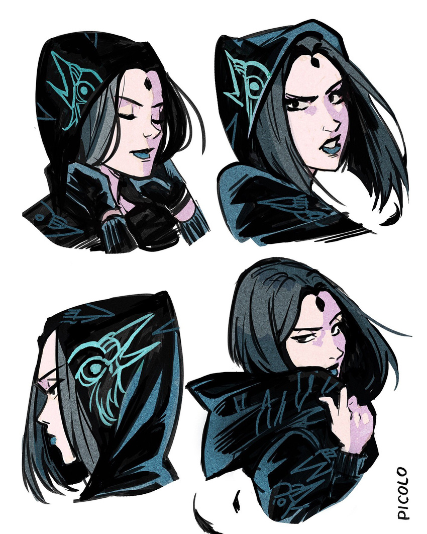 commentary_request dc_comics female forehead_jewel gabriel_picolo highres hood hoodie lipstick makeup multiple_views purple_hair raven_(dc) short_hair teen_titans