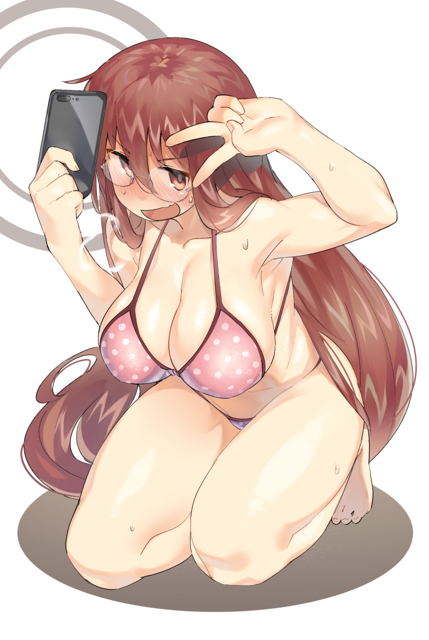 :d bare_arms bare_legs bare_shoulders barefoot bikini blush breasts brown_hair cellphone cleavage collarbone commentary_request female fuyajou_yodomi gankutsu-sou_no_fuyajou-san glasses hair_between_eyes highres holding holding_phone large_breasts long_hair looking_at_viewer monosenbei nose_blush open_mouth phone pink_bikini polka_dot polka_dot_bikini red_eyes rimless_eyewear round_eyewear smartphone smile solo sweat swimsuit thighs v v_over_eye very_long_hair