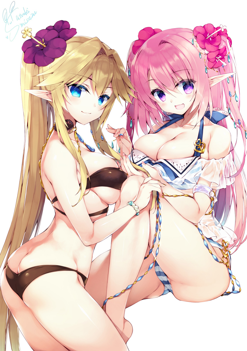 2girls :d absurdres ass bad_id bad_pixiv_id bare_legs bare_shoulders barefoot bikini black_bikini blue_eyes brave_girl_ravens breasts butt_crack character_request chiffon_maxwell claire_edgeworth cleavage closed_mouth commentary_request fingernails flower hair_flower hair_intakes hair_ornament has_bad_revision has_downscaled_revision head_tilt heart highres jewelry large_breasts light_brown_hair long_hair looking_at_viewer looking_to_the_side md5_mismatch multiple_girls nail_polish open_mouth pendant photoshop_(medium) pink_flower pink_hair pointy_ears ponytail purple_eyes purple_flower red_nails resolution_mismatch satsuki_misuzu see-through signature sitting smile source_smaller standing striped_bikini striped_clothes swimsuit very_long_hair yellow_nails