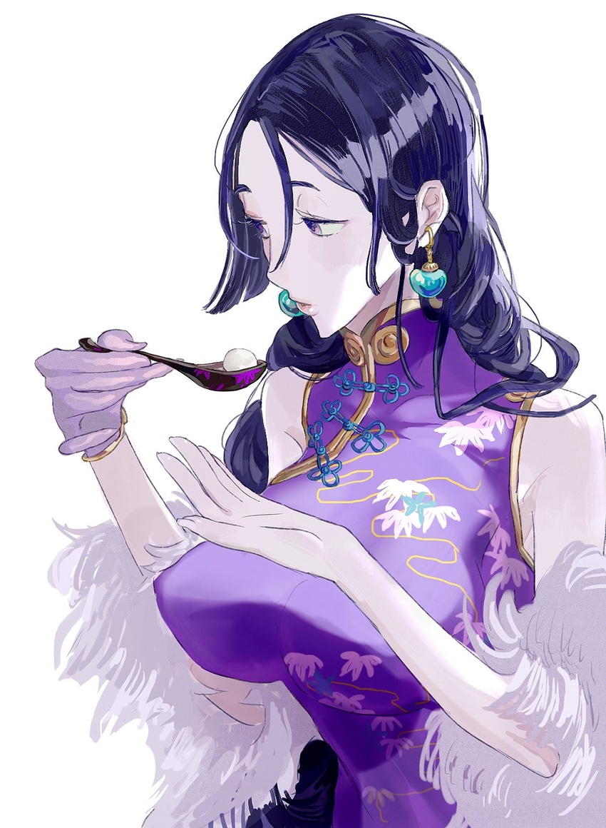 breasts china_dress chinese_clothes commentary_request dress dumpling earrings fate/grand_order fate_(series) female food highres holding holding_spoon jewelry large_breasts long_hair low-tied_long_hair minamoto_no_raikou_(fate) minamoto_no_raikou_(traveling_outfit)_(fate) odsheels parted_bangs purple_eyes purple_hair sleeveless sleeveless_dress spoon tangyuan upper_body very_long_hair