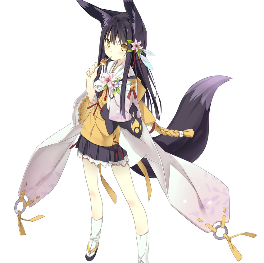 animal_ear_fluff animal_ears bad_id bad_pixiv_id black_hair borrowed_character commentary_request eating female flower food fox_ears fox_tail full_body geta hair_flower hair_ornament highres japanese_clothes kuromitsu_nene lolita_fashion long_hair looking_at_viewer original poco_(asahi_age) solo standing tabi tail wa_lolita wide_sleeves yellow_eyes