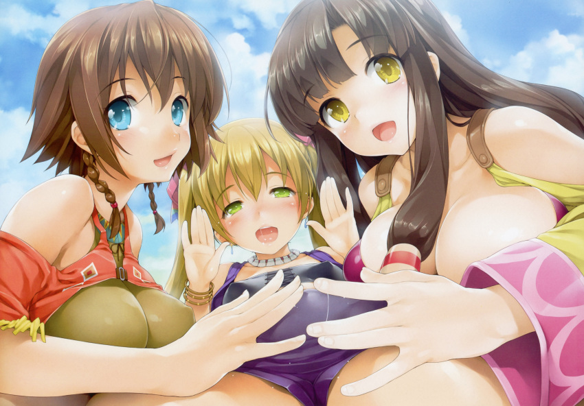 3girls absurdres amy_(suisei_no_gargantia) black_hair blue_eyes blue_sky blush breasts brown_hair cleavage cloud day earrings green_eyes hair_ornament hair_tubes hands_up highres ishikei jewelry large_breasts long_hair looking_at_viewer melty_(suisei_no_gargantia) multiple_girls necklace open_mouth saaya_(suisei_no_gargantia) scan short_hair sky smile suisei_no_gargantia twintails yellow_eyes