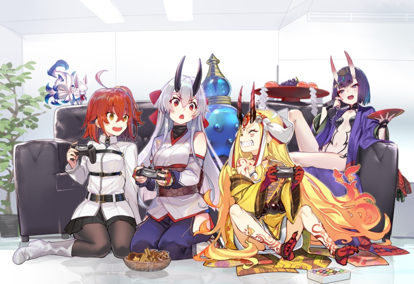 animal barefoot blonde_hair boots demon drink fate/grand_order fate_(series) food fou_(fate/grand_order) fruit fujimaru_ritsuka_(female) game_console group headband horns ibaraki_douji_(fate) japanese_clothes long_hair navel oerba_yun_fang orange_eyes orange_hair pantyhose ponytail purple_eyes purple_hair red_eyes sake shirabi_(life-is-free) short_hair shuten_douji_(fate) tattoo tomoe_gozen white_hair