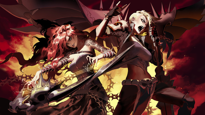 2girls alternate_costume alternate_hairstyle bracelet commentary dress english_commentary floating floating_object harp highres instrument jewelry kayle_(league_of_legends) league_of_legends metal_wings multiple_girls navel official_art pentakill_(league_of_legends) pentakill_kayle pentakill_sona red_sky shilin sky sleeveless sleeveless_dress sona_(league_of_legends) spiked_bracelet spikes