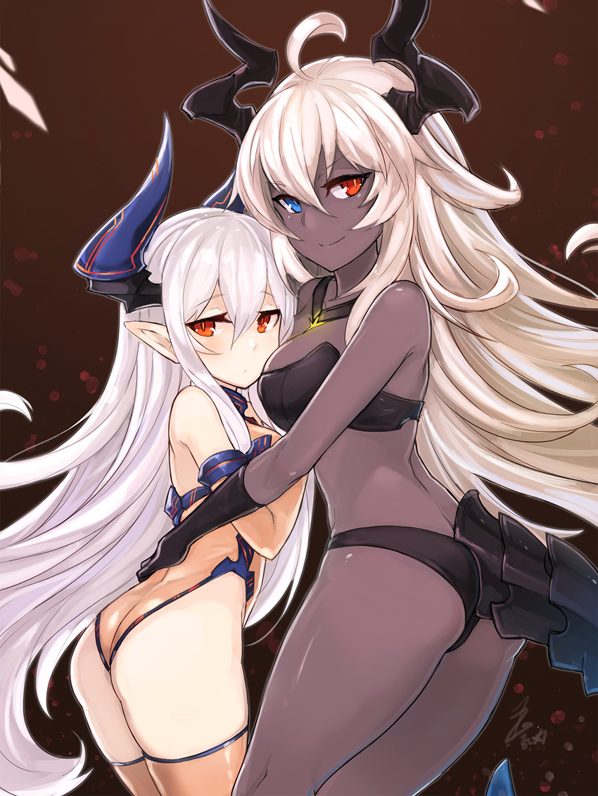 2girls ahoge ass blonde_hair blue_eyes blush borrowed_character breasts colo_mag-chan commentary_request dark-skinned_female dark_skin dragon_girl dragon_horns dragon_tail draph flame_=_glass flat_ass gloves granblue_fantasy hair_between_eyes heterochromia highres horns leotard long_hair looking_at_viewer medium_breasts mou_tama_maru multiple_girls partial_commentary photoshop_(medium) pointy_ears red_eyes revealing_clothes small_breasts tail thighhighs white_hair