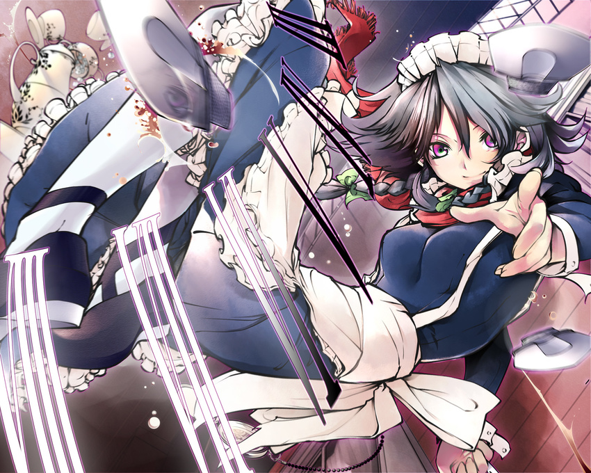 braid commentary_request female flying foreshortening grey_hair highres izayoi_sakuya knife maid maid_headdress midair motion_blur photoshop_(medium) purple_eyes short_hair smile solo tea_set touhou twin_braids yukari_(konekonekozou)