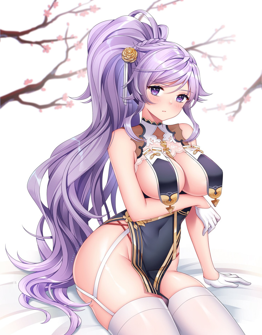 azur_lane banglinh1997 blush branch breast_curtains breasts cleavage colored_eyelashes commission commissioner_upload cosplay covered_navel dress female fire_emblem fire_emblem:_genealogy_of_the_holy_war fire_emblem_heroes flower garter_straps gloves hair_flower hair_ornament half_gloves highres ishtar_(fire_emblem) large_breasts long_hair looking_at_viewer no_bra panty_straps ponytail purple_eyes purple_hair rose simple_background sirius_(azur_lane) sirius_(azur_lane)_(cosplay) sirius_(azure_horizons)_(azur_lane) sitting solo thighhighs white_garter_straps white_gloves white_thighhighs yellow_flower yellow_rose