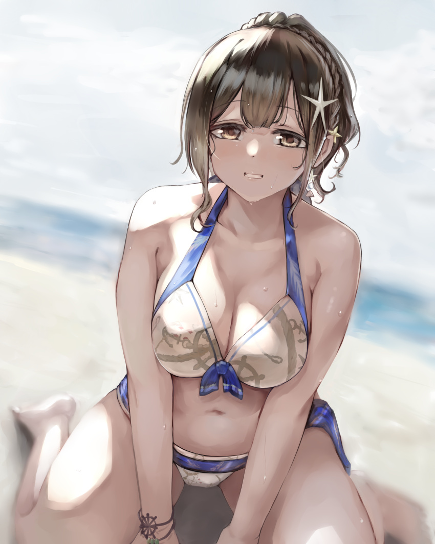 :d absurdres bad_id bad_pixiv_id bikini braid breasts brown_hair cleavage collarbone crown_braid female grin highres idolmaster idolmaster_shiny_colors kuwayama_chiyuki lamp_p9 large_breasts looking_at_viewer navel outdoors print_bikini sitting smile solo swimsuit wariza wet wet_hair