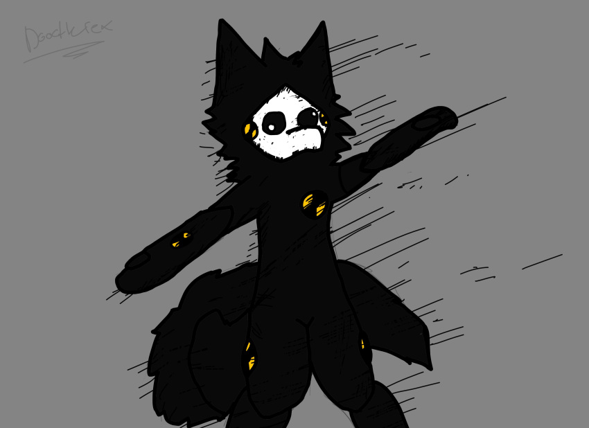 absurd_res anthro black_body black_fur black_sclera canid canine canis changed_(video_game) crash_test_dummy derp_eyes doodlerex dummy fur goo_creature grey_background head_tuft hi_res male mammal mask puro_(changed) simple_background solo spread_arms tuft white_eyes wolf