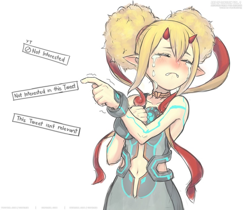 :c blonde_hair blush bracelet closed_eyes crying electra_(xenoblade) english_commentary english_text female foot_out_of_frame glowing_lines gofelem hand_on_own_chest horns jewelry navel pointing pointy_ears red_horns simple_background solo streaming_tears tears teeth trembling twitter watermark white_background xenoblade_chronicles_(series) xenoblade_chronicles_2