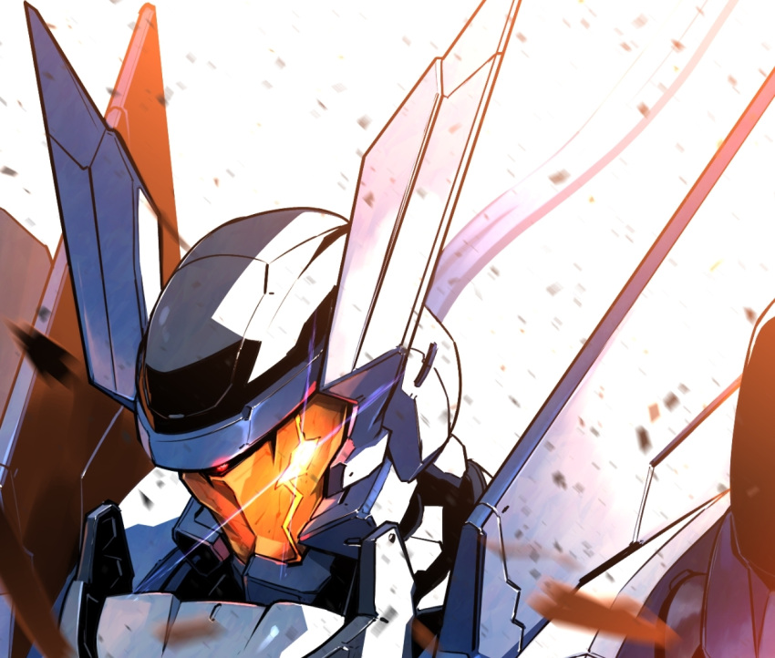 armor brave_commander_test_type debris glowing glowing_eye gundam gundam_00 gundam_00_a_wakening_of_the_trailblazer kuri_giepi lens_flare mecha mobile_suit no_humans robot science_fiction