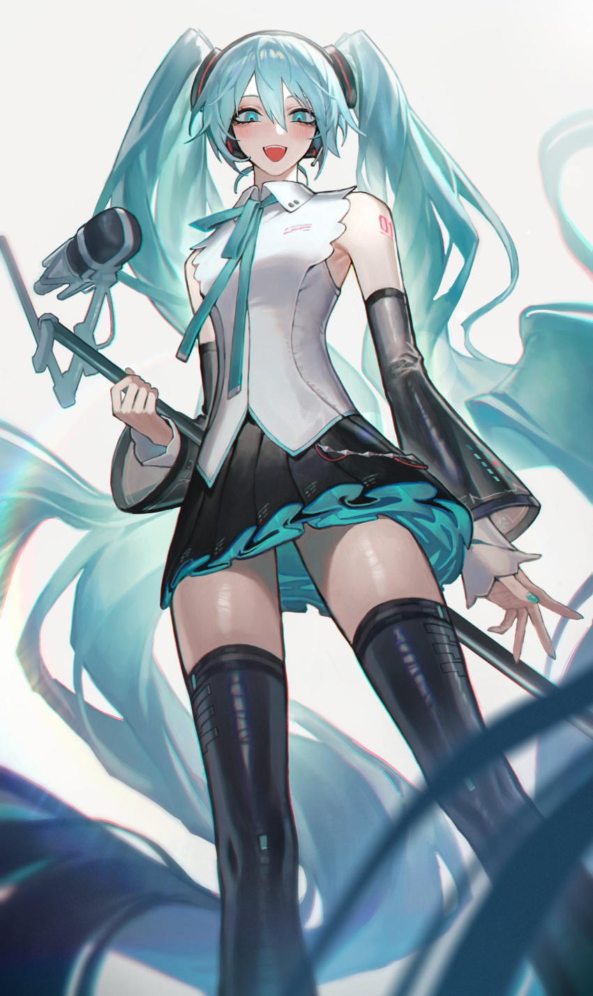 :d absurdly_long_hair absurdres aqua_eyes aqua_hair aqua_ribbon bare_shoulders black_skirt black_thighhighs breasts commentary detached_sleeves english_commentary female hair_ornament hatsune_miku hatsune_miku_(nt) headphones highres holding holding_microphone_stand layered_sleeves long_hair looking_at_viewer looking_down microphone microphone_stand miku_day miniskirt neck_ribbon open_mouth piapro pleated_skirt rhine_(overtonerhine) ribbon see-through see-through_sleeves skirt small_breasts smile solo standing thighhighs twintails very_long_hair vocaloid white_sleeves