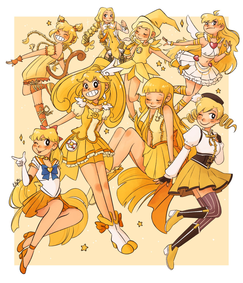 6+girls aino_minako annotated asuka_momoko bike_shorts_under_skirt bishoujo_senshi_sailor_moon blonde_hair blue_bow blue_bowtie boots border bow bowtie braid choker coco_(idol)_(mermaid_melody_pichi_pichi_pitch) coco_(mermaid_melody_pichi_pichi_pitch) color_connection commentary crossover cure_peace detached_sleeves drill_hair elbow_gloves elly_mii english_commentary fingerless_gloves full_body genre_connection gladiator_sandals gloves hair_color_connection hair_ornament hairbow hat heart highres inubouzaki_fuu jewelry knee_boots long_hair looking_at_viewer magical_girl mahou_shoujo_madoka_magica mahou_shoujo_madoka_magica_(anime) mermaid_melody_pichi_pichi_pitch mew_pudding midriff monkey_girl monkey_tail multiple_crossover multiple_girls navel ojamajo_doremi one_eye_closed outside_border panty_&_stocking_with_garterbelt panty_(psg) pleated_skirt ponytail precure puffy_sleeves sailor_senshi sailor_senshi_uniform sailor_venus sandals short_hair short_sleeves skirt sleeveless smile smile_precure star_(symbol) super_sailor_venus tail thighhighs tokyo_mew_mew tokyo_mew_mew_new tomoe_mami tomoe_mami_(magical_girl) tongue tongue_out trait_connection white_background white_border wings witch witch_hat yayoi_kise yellow_background yellow_choker yellow_footwear yellow_skirt yellow_theme yuuki_yuuna_wa_yuusha_de_aru yuusha_de_aru