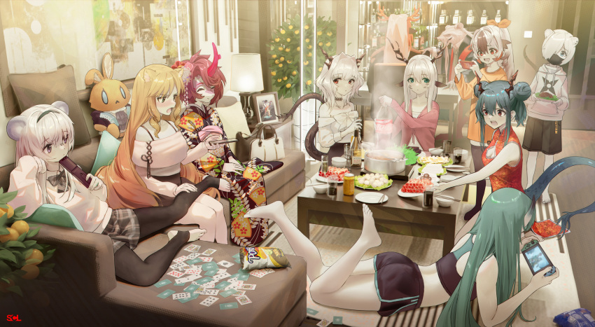 6+girls aged_down alina_(arknights) animal_ears antlers arknights aunt_and_niece bad_id bad_pixiv_id bare_arms barefoot bear_ears black_legwear blue_hair card cellphone ch'en_(ageless_afterglow)_(arknights) ch'en_(arknights) china_dress chinese_clothes chips_(food) choshanland_plushy_(arknights) cleavage_cutout clothing_cutout commentary_request double_bun dragon_horns dragon_tail dress drill_hair father_and_daughter feet flip_phone food full_body green_hair hair_bun highres holding holding_phone horns hoshiguma_(arknights) hotpot kneepits lin_(arknights) mask mouth_mask multiple_girls ninja ninja_mask official_alternate_costume phone playing_card poker potato_chips princess_fumizuki_(arknights) rat_king_(arknights) red_dress shirayuki_(arknights) single_horn skin-covered_horns sleeveless sleeveless_dress smartphone smile snowsant_(arknights) songchuan_li stoat_girl stuffed_animal stuffed_rabbit stuffed_toy swire_(arknights) tail talulah_(arknights) tiger_ears tiger_girl uncle_and_niece weasel_ears wei_yenwu_(arknights)