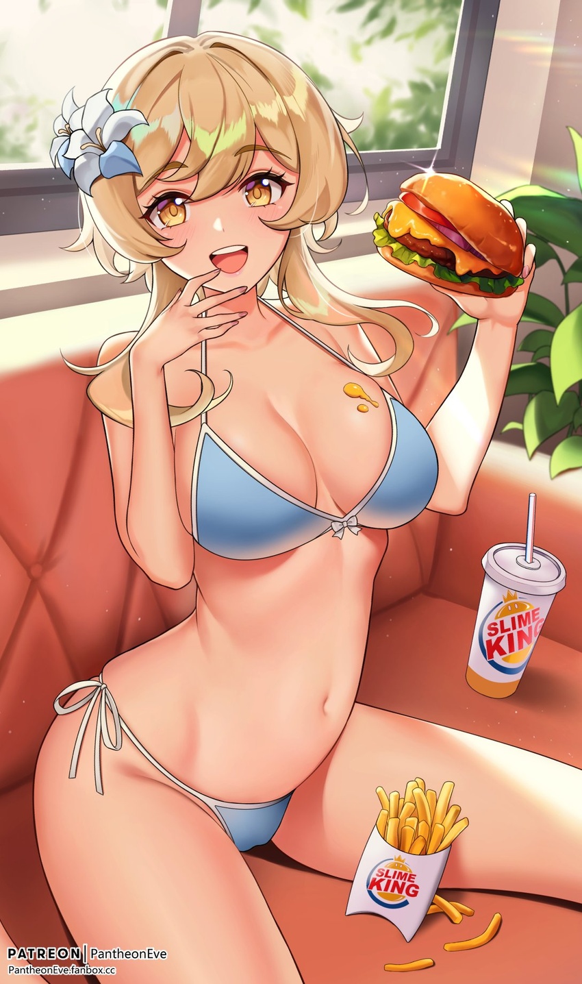 artist_name bare_shoulders bikini blonde_hair blue_bikini blush brand_name_imitation breasts burger burger_king cleavage collarbone cup disposable_cup fanbox_username fast_food female flower food french_fries genshin_impact hair_flower hair_ornament highres holding holding_food large_breasts logo_parody looking_at_viewer lumine_(genshin_impact) medium_hair navel open_mouth pantheon_eve patreon_username sidelocks sitting smile solo swimsuit thighs web_address window yellow_eyes