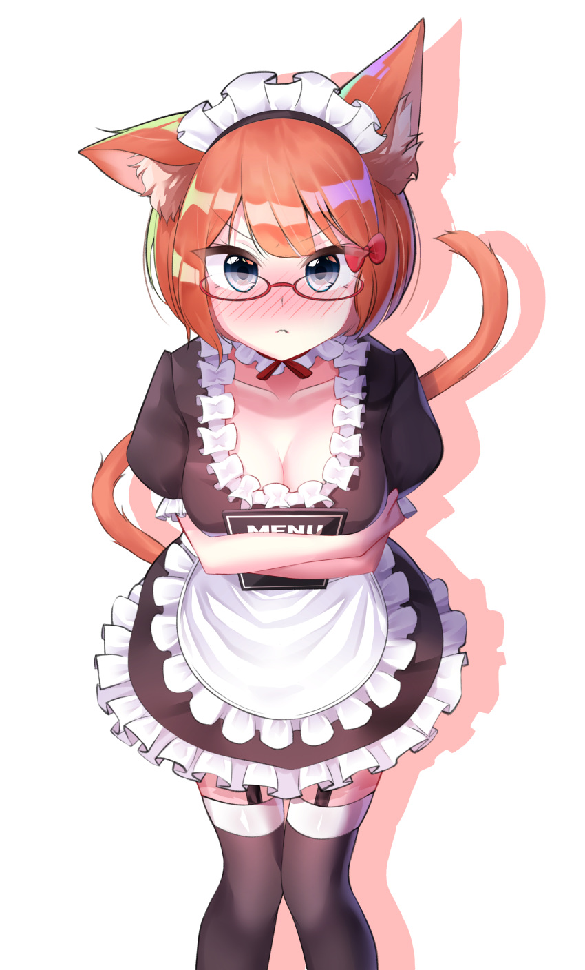 absurdres animal_ears blue_eyes blush bokutachi_wa_benkyou_ga_dekinai breasts cat_ears cat_tail cleavage crossed_arms female frown garter_straps glasses highres kanzi large_breasts looking_at_viewer maid maid_headdress menu nose_blush ogata_rizu orange_hair red-framed_eyewear simple_background solo standing tail thighhighs waitress