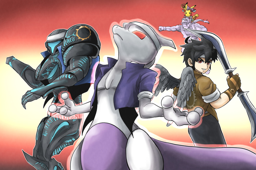 2boys 3others assault_visor baseball_cap black_hair clothed_pokemon cosplay dark_pit dark_samus ditto fatal_fury fatal_fury_cap fingerless_gloves gloves hat headband highres kicdon kid_icarus kid_icarus_uprising kusanagi_kyou kusanagi_kyou_(cosplay) looking_back metroid mewtwo multiple_boys multiple_others pikachu pokemon pokemon_(creature) red_background red_eyes super_smash_bros. sylvie_paula_paula sylvie_paula_paula_(cosplay) terry_bogard the_king_of_fighters trait_connection wings