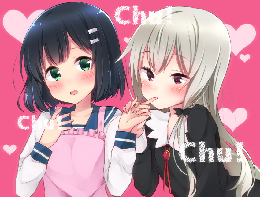 2girls amano_akari apron black_dress black_hair blue_sailor_collar blush collared_dress commentary_request dress green_eyes grey_hair hair_ornament hair_ribbon hair_strand hairclip heart holding_hands licking licking_finger long_hair multiple_girls pink_apron pink_background red_eyes ribbon sailor_collar school_uniform serafuku shirt short_hair sk02 sophie_twilight sound_effects tonari_no_kyuuketsuki-san tress_ribbon upper_body very_long_hair white_shirt yuri