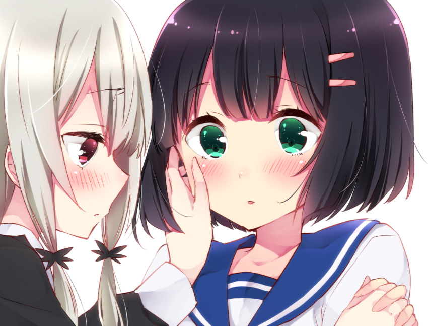 2girls amano_akari black_dress black_hair blue_sailor_collar blush collared_dress commentary_request dress eye_contact green_eyes grey_hair hair_ornament hair_ribbon hairclip hand_on_another's_cheek hand_on_another's_face holding_hands long_hair looking_at_another multiple_girls red_eyes ribbon sailor_collar school_uniform serafuku shirt short_hair simple_background sk02 sophie_twilight tonari_no_kyuuketsuki-san tress_ribbon white_background white_shirt yuri