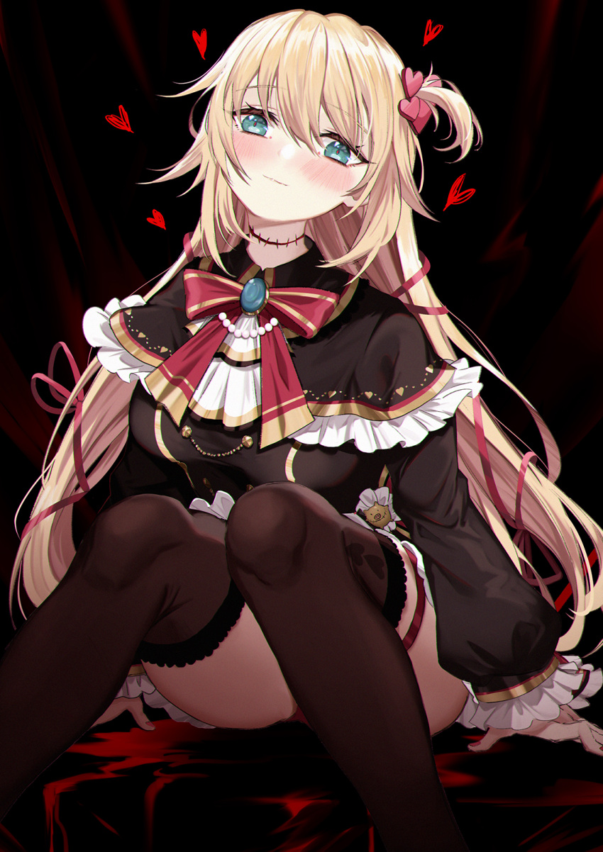 akai_haato akai_haato_(gothic_lolita) aqua_eyes black_background black_dress blonde_hair blood blush bow bowtie breasts cameo capitan_wei commentary dress female frills gothic_lolita haaton_(akai_haato) hair_ribbon heart highres hololive jewelry large_breasts lolita_fashion long_hair looking_at_viewer official_alternate_costume one_side_up red_nails ribbon simple_background sitting solo stitched_neck stitches thighhighs thighs very_long_hair virtual_youtuber