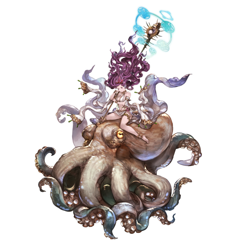 animal_ears anklet barefoot blue_eyes bracelet breasts coral_hair_ornament criss-cross_halter female fins granblue_fantasy halterneck head_fins holding holding_staff jewelry minaba_hideo navel octopus official_art purple_hair sitting_on_animal staff thighlet third-party_source transparent_background varuna_(granblue_fantasy)