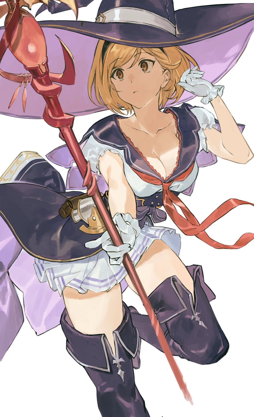 black_capelet black_footwear black_hairband black_headwear blonde_hair boots breasts brown_eyes capelet cleavage djeeta_(granblue_fantasy) female frilled_gloves frills gloves granblue_fantasy hairband hashibiro_kou_(garapiko_p) hat highres holding holding_staff large_breasts looking_to_the_side low-cut neckerchief pleated_skirt puffy_short_sleeves puffy_sleeves purple_headwear red_neckerchief shirt short_hair short_sleeves simple_background skirt solo staff thigh_boots warlock_(granblue_fantasy) white_background white_gloves white_shirt witch_hat