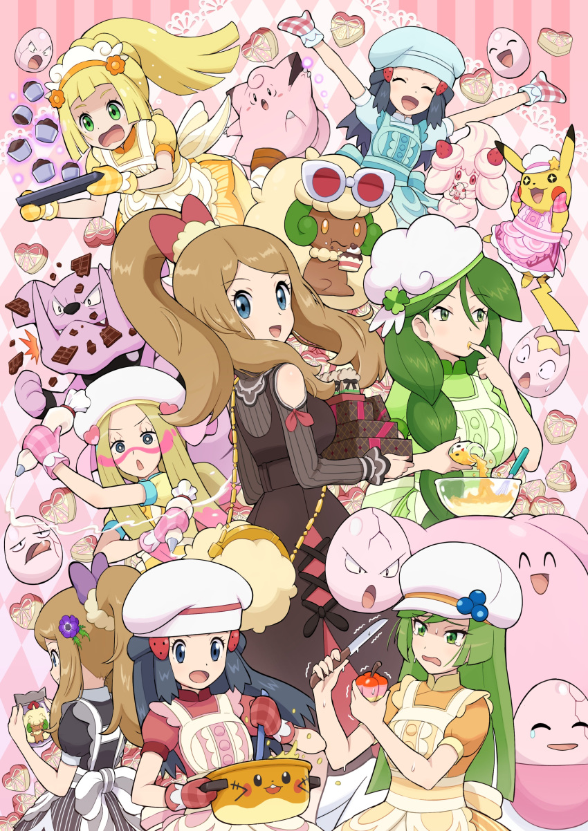 6+girls :d absurdres ace_trainer_(pokemon) alcremie alcremie_(strawberry_sweet) alternate_color alternate_costume apron arms_up baking_sheet black_dress blissey blonde_hair blue_eyes bow braid braided_ponytail bright_pupils cheryl_(pokemon) chocolate clefairy closed_eyes clothed_pokemon commentary_request cosplay dawn_(palentine's_2021)_(pokemon) dawn_(pokemon) dawn_(pokemon)_(cosplay) dedenne dress eating exeggcute eyelashes facepaint floating_hair granbull green_eyes green_hair hairbow hat heart highres holding holding_knife icing knife licking licking_finger lillie_(pokemon) long_hair looking_back mina_(pokemon) mixing_bowl multiple_girls official_alternate_costume open_mouth oven_mitts pikachu pokemoa pokemon pokemon_(creature) pokemon_dppt pokemon_masters_ex pokemon_oras pokemon_sm ponytail serena_(palentine's_2021)_(pokemon) serena_(pokemon) short_sleeves smile stirring sunglasses tongue whimsicott white_headwear yellow_dress